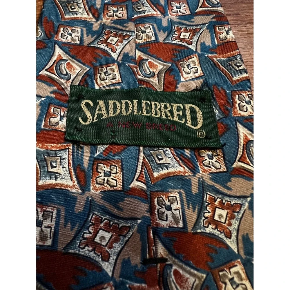 Saddlebred Geometric Abstract Necktie‎ Mens Blue Rust Tan EUC Classic Silk Blend